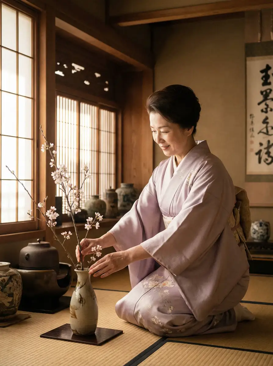 一位优雅的 萬象城平台 在和室中插花