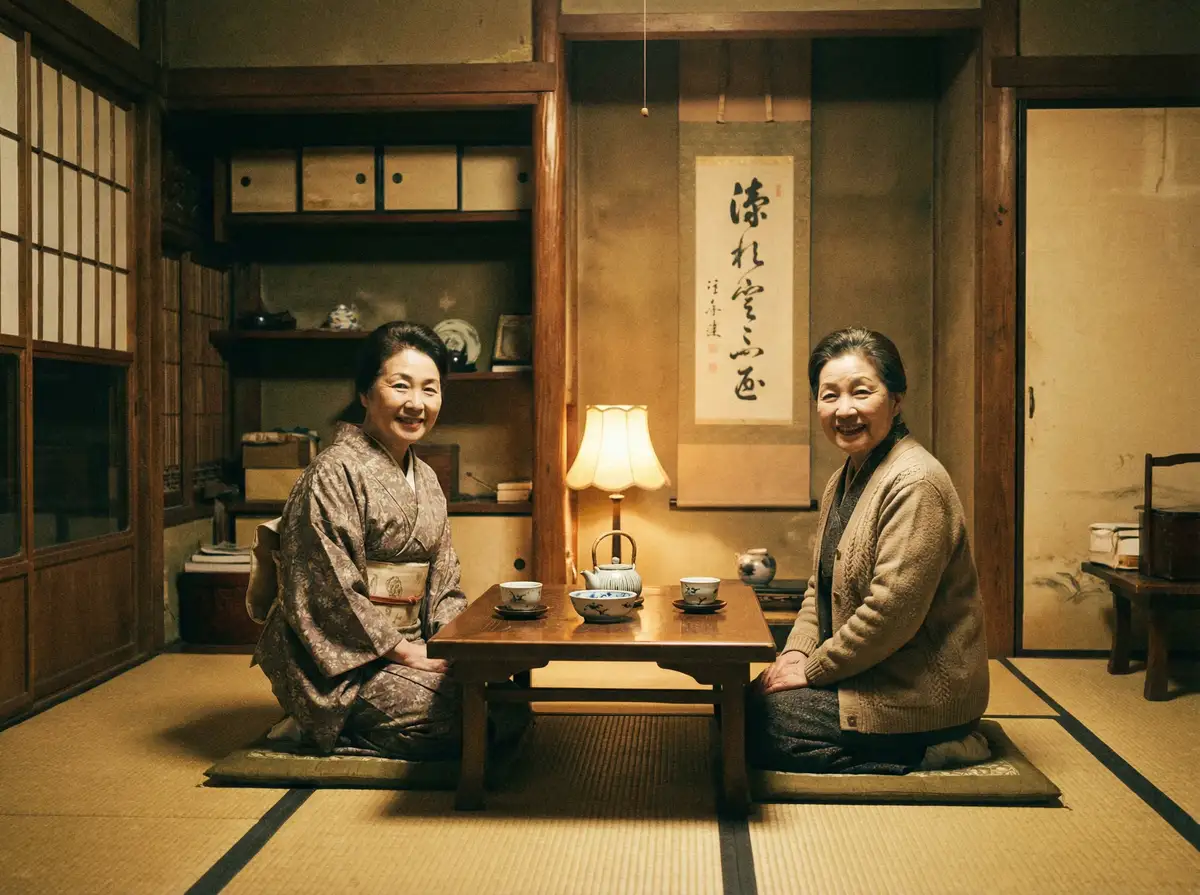 两位优雅的 萬象城平台 在日式茶室中品茶交谈